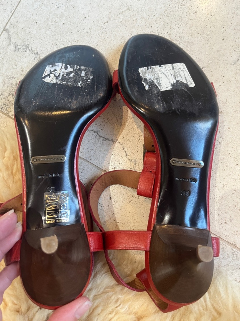 Burberry Red Leather Strappy Kitten Heel Sandals Sz 38 - Picture 5 of 11